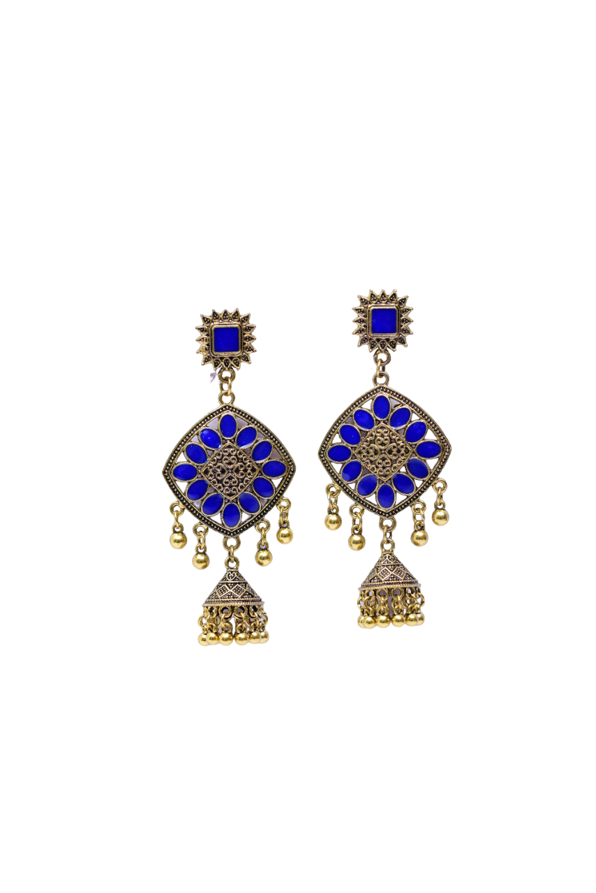 Namokriti Timeless Elegance: Square & Diamond-Shape Gold-Plated Jhumka with Blue Stones & Hanging Beads